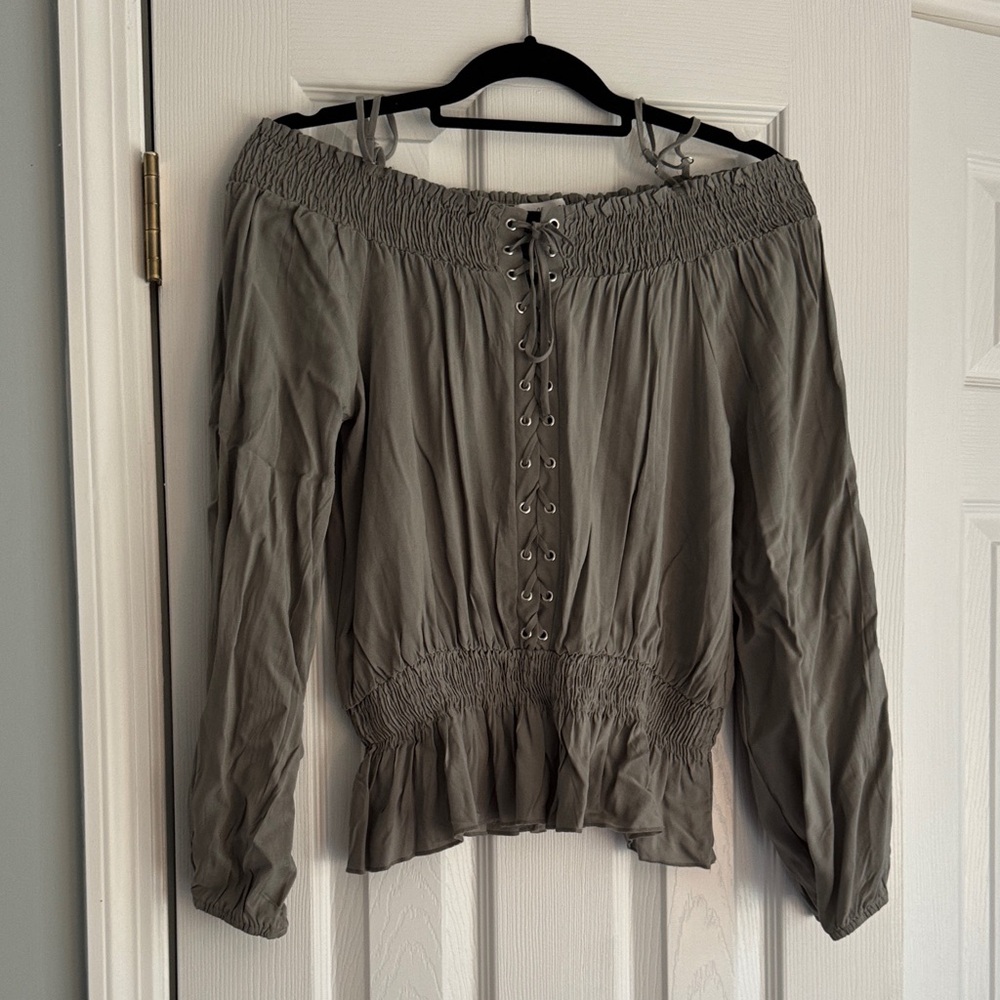 Active USA Off-Shoulder Lace-Up Blouse - Olive